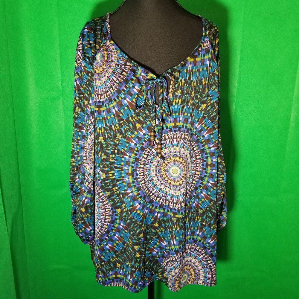 Avenue Womens Tunic Size 22/24 Multicolor V-Neck Stretch Long Sleeve Blouse Boho